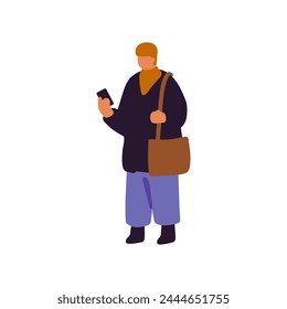 Character using smartphone on the go, chats. Woman carries shoulder bag. Abstract person stands, holds phone in hand. Man wears casual clothes. Flat isolated vector illustration on white background