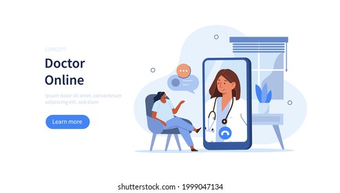 Character using smartphone with video call on screen. Patient talking online with doctor. Modern health care services and online medicine concept. Flat cartoon vector illustration.