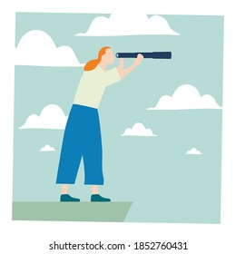 Character using telescope. New horizons and choice of direction. Seeing the future direction of business with telescope. Flat vector illustration. EPS10.