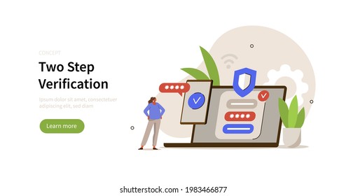 Character using two steps verification to protect personal data. User authorization, login authentication and information protection. Flat cartoon vector illustration.