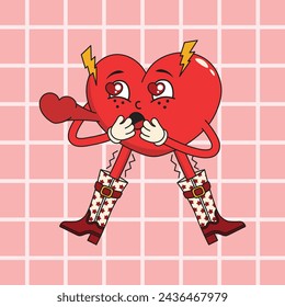 Character for valentine's day. Cute loving heart in retro groovy style. Love mascot. Vector illustration 