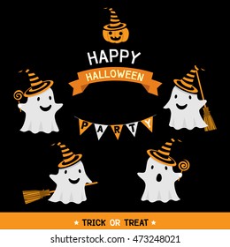  character various of cute little ghost were witch hat and icon ornament for happy halloween party.