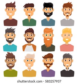 Carácter de varias expresiones hombre barbudo cara avatar y moda hipster cabeza de peinado con ilustración vectorial de bigote.