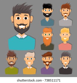 Character of various expressions bearded man face avatar and fashion hipster hairstyle head person with mustache vector illustration.
