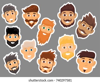 Character of various expressions bearded man face avatar and fashion hipster hairstyle head person with mustache vector illustration.