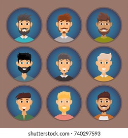 Character of various expressions bearded man face avatar and fashion hipster hairstyle head person with mustache vector illustration.