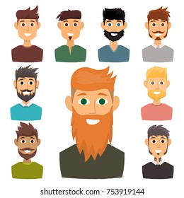 Character of various expressions bearded man face avatar and fashion hipster hairstyle head person with mustache vector illustration. Style design gentleman adult smile expression.