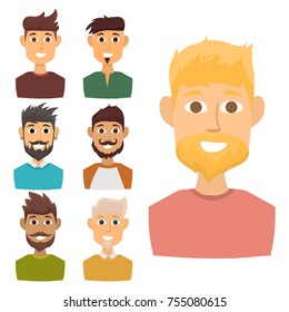 Character of various expressions bearded man face avatar and fashion hipster hairstyle head person with mustache vector illustration. Style design gentleman adult smile expression.