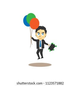 character vector of businessman floating away with baloon holding money in suitcase