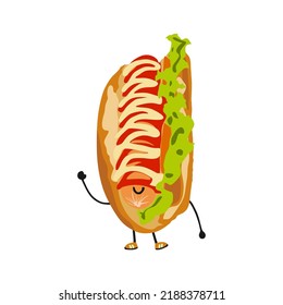 Character Vector, Cute Hot Dog, Flat Cartoon Design Style.