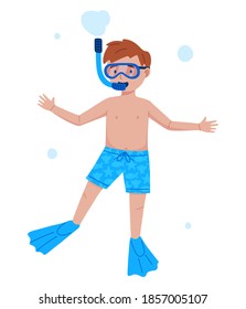 character vector flat illustration isolated on white background. kid in swimming shorts with diving scuba and swim fins diving in sea. Boy diver snorkeling under the water, summer vacation activity