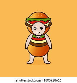Character vector illustration baby wearing humburger costume. Kawaii smile baby hamburger character.