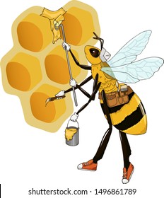 Character. Vector illustration. Bees are excellent builders, this can be seen by looking at the honeycomb. The design reflects the care of bees about their constructions.