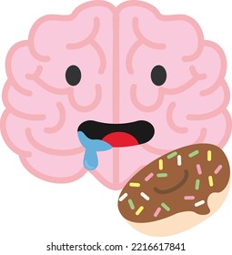 Character vector illustration of a brain eating a chocolate donut. Brain spitting, delicious and unhealthy food. Effects of sugar on the nervous system.
