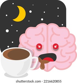 Character vector illustration of a brain with insomnia, lack of sleep, effects of caffeine on the brain and nervous system. Drink coffee at night, stay up late.