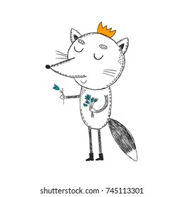 Character vector illustration of cute funny fox with crown and flowers. Manually drawing for web, print on posters, postcards, stickers, clothes, etc 