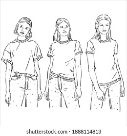 Character vector illustration with girls in different poses in white T-shirts and jeans