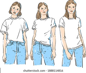 Character vector illustration with girls in different poses in white T-shirts and jeans