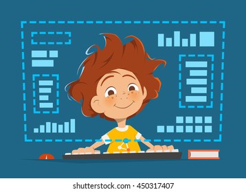 Character vector illustration of a happy smile boy kid child sitting in front of computer monitor Online education