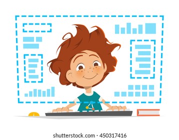 Character vector illustration of a happy smile boy kid child sitting in front of computer monitor Online education