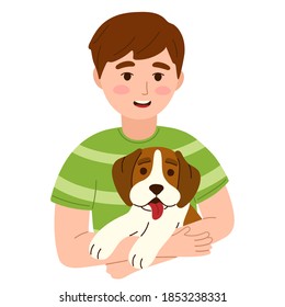 character vector illustration isolated on white background. Happy kid hugging puppy, smiling boy petting dog pet. Little pup playing with owner and licking him, best friends forever, love for animals