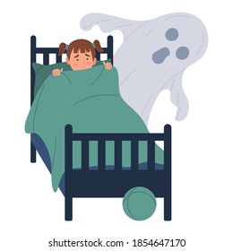 Character Vector Illustration Isolated On White Background. Scared Girl Having Bad Dream, Nightmare With Monsters. Child Sitting On Bed And Hiding From Frightening Ghost Under Blanket, Kid Imagination