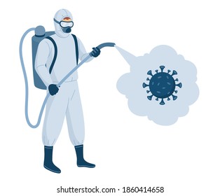 Character vector illustration isolated on white background. disinfector Specialist in protective uniform with antibacterial spray gun, Disinfectant. Prevention virus Disease. Disinfection, cleaning