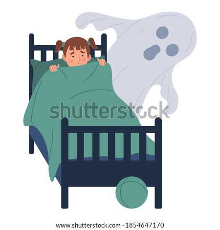 character vector illustration isolated on white background. Scared girl having bad dream, nightmare with monsters. child sitting on bed and hiding from frightening ghost under blanket, kid imagination