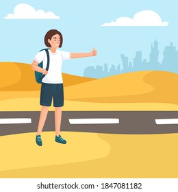 ilustración vectorial de caracteres. mujer con mochila parada en la carretera y pulgares para montar, desierto. Turista tratando de parar el auto en la autopista a mano. Chica que viaja por todo el mundo