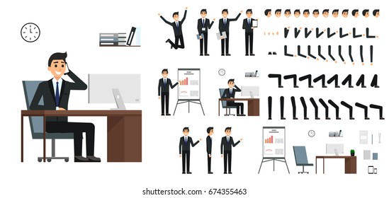 Character vector set. Male businessman character design in flat design isolated. Emotions, face, leg and arms and other parts for animation creation.