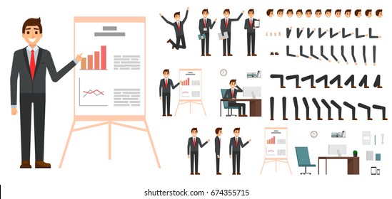 Character vector set. Male businessman character design in flat design isolated. Emotions, face, leg and arms and other parts for animation creation.