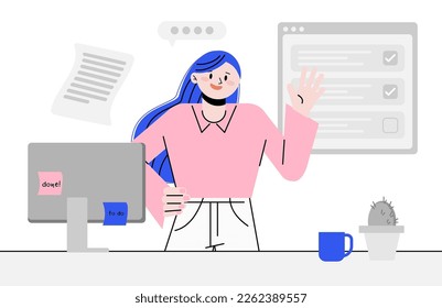 Character vector woman working activities multitasking concept with computer