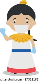 Character from Venezuela dressed in the traditional way and with surgical mask and latex gloves as protection against a health emergency