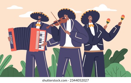 Character. Vibrant Mariachi Musicians Band Perform Traditional Mexican Music, Cartoon People Vector Illustration