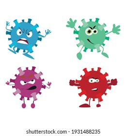 Character virus with hands and legs. Set of virus bacteria cartoon, flu infection disease coronavirus, micro mascot influenza