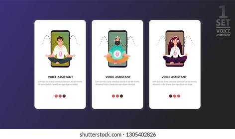Character voice assistant listens to user commands to play music, answer questions. Virtual person is friend inside a smartphone. Smart speaker, voice command device with integrated virtual assistant