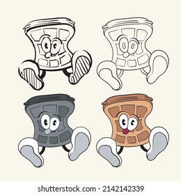 Character Waffle set in four variants: sketch,lineart,colorless and colored. Stages of drawing vintage toons: funny character, vector illustration trendy classic retro cartoon style 30s.