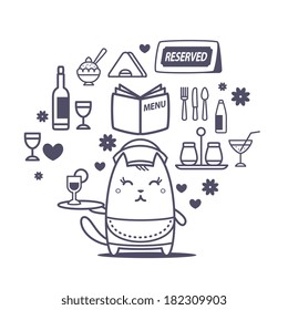 Character waiter in uniform, apron  and hat line art composition of professional accessories. Cat female stands smiling and holding a  tray