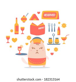 Character waiter in uniform, apron  and hat colorful flat composition of professional accessories. Cat female stands smiling and holding a  tray