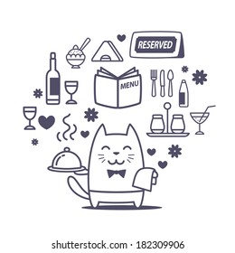 Character waiter uniform and bow tie line art composition of professional accessories. Cat male stands smiling and holding a tray