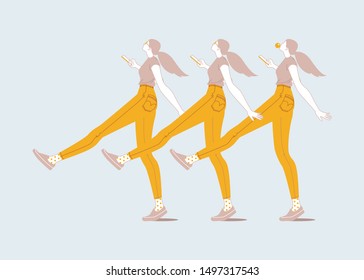 Character of a walking girl with a smartphone