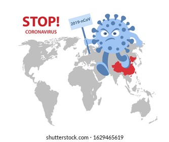 Character is walking on the world map. The concept of stopping of spread the MERS-CoV (Middle East respiratory syndrome coronavirus). 2019-nCoV. Vector illustration in flat style