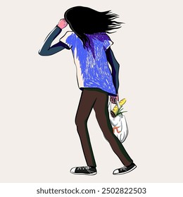 character walking with plastic bag after shopping in supermarket in vector. man in pose, image for poster print sticker design