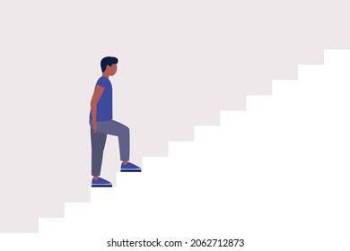 Personaje subiendo las escaleras. Concepto de oportunidad de carrera empresarial. Ilustración vectorial en un estilo plano