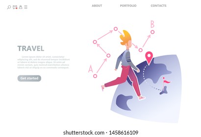 Character Walks Around The Planet, The Concept Of Spontaneous Travel. Isolated Vector Illustration For Business Landing Page Template