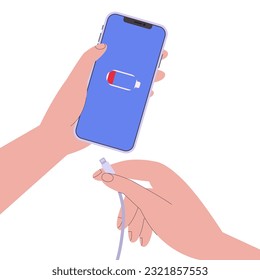 Character wants to charge a dead phone. Vector illustration in a flat style