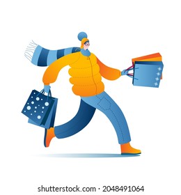 A character in warm winter clothes comes with bags from the Mall. An isolated vector character with purchases.
