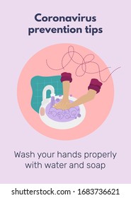 Character washes hands with water and soap. Coronavirus prevention tips poster. Hygiene, health care and self protection from infection concept. Flat style vector illustration with infographic for web