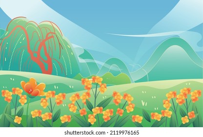 Character watching swallows flying in spring on lawn with flowers in front and houses and mountains in background, vector illustration