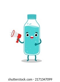 Character water bottle with megaphone. Concept for healthy drinking. Cartoon illustration.